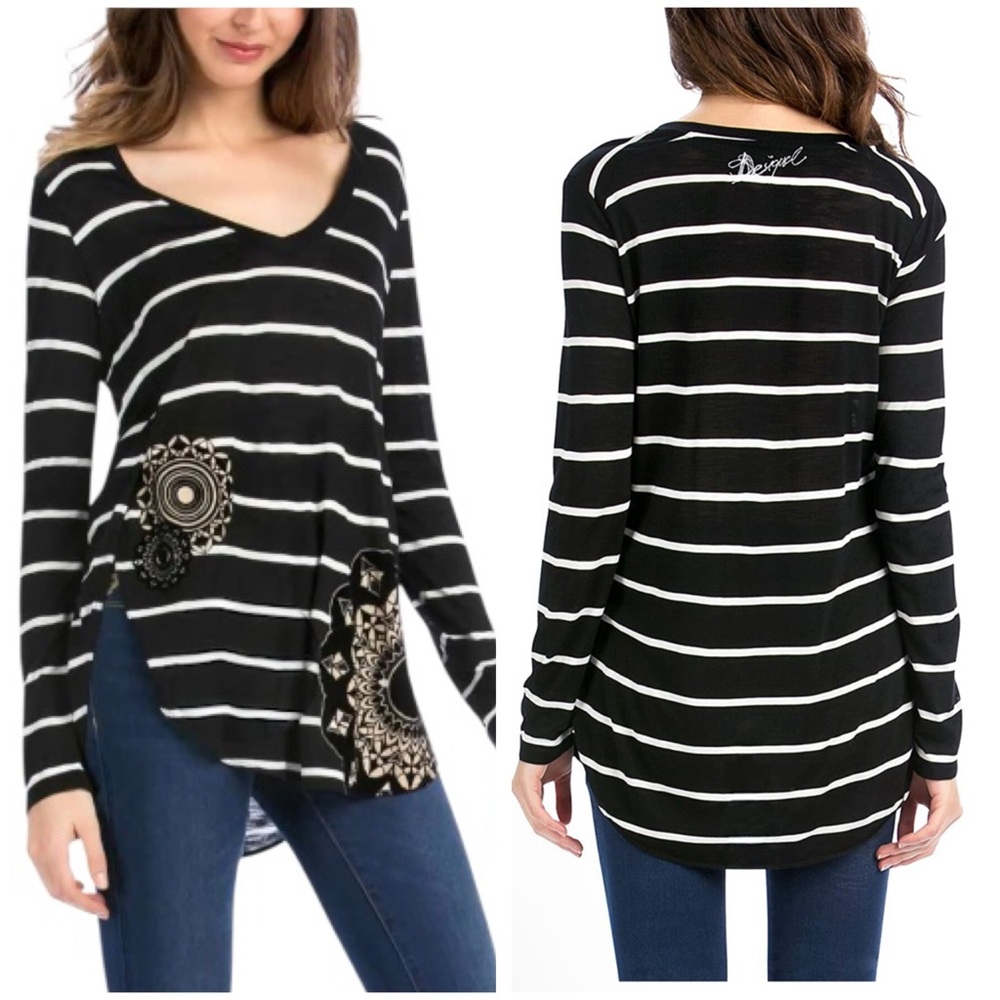 Desigual Striped & Floral Long Sleeve Shirt Size Large
